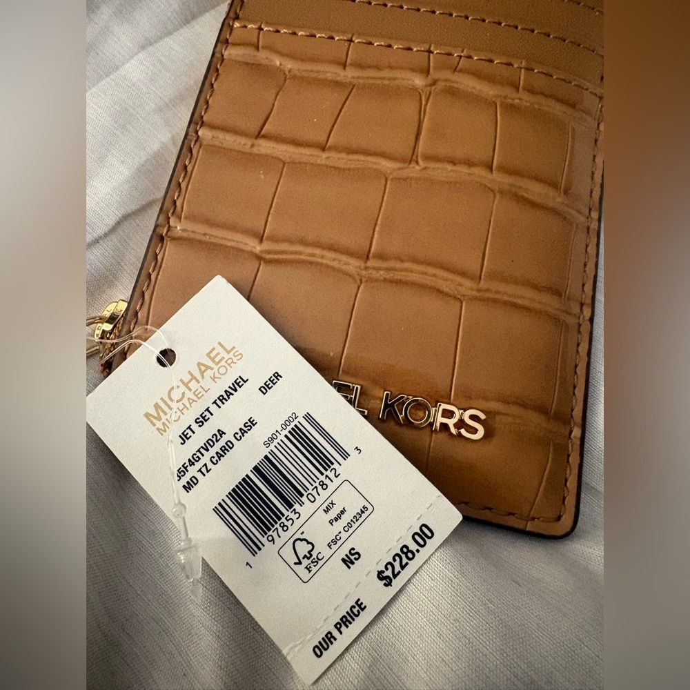 Michael Kors Croc Embossed Tan Card Case NWT
